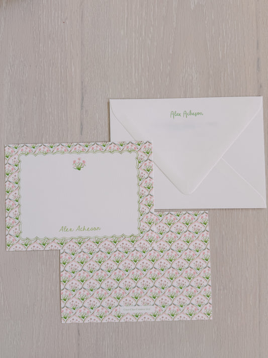 Pink & Green Trellis Customized Stationery (Set of 25)
