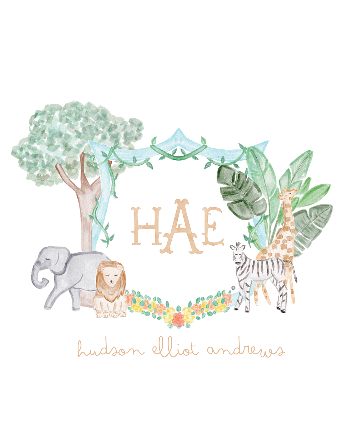 CUSTOMIZED Blue Animal Watercolor Nursery Print