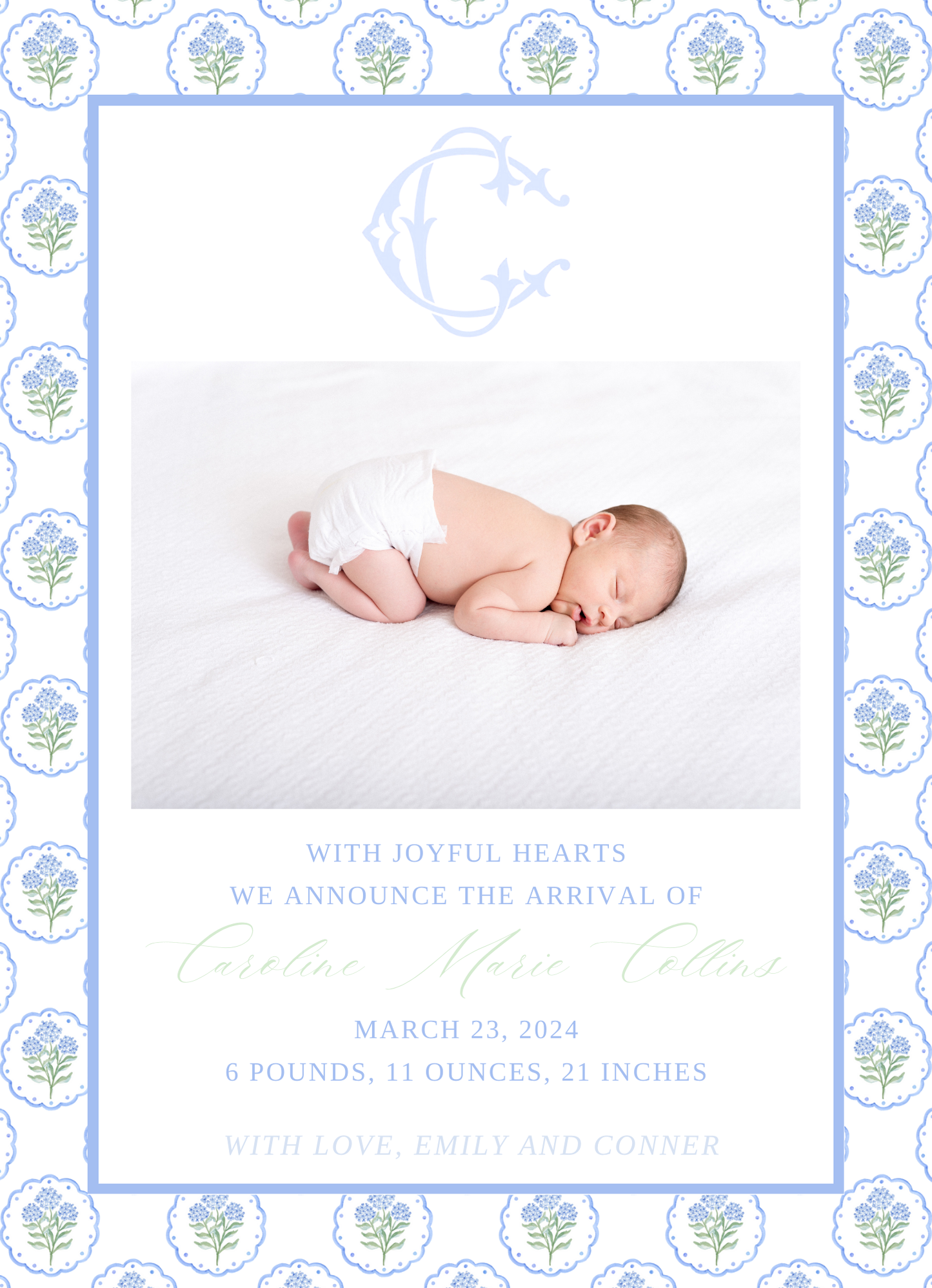 Blue & Green Block Print Grandmillenial Baby Announcement/Invitations/Grad Announcement