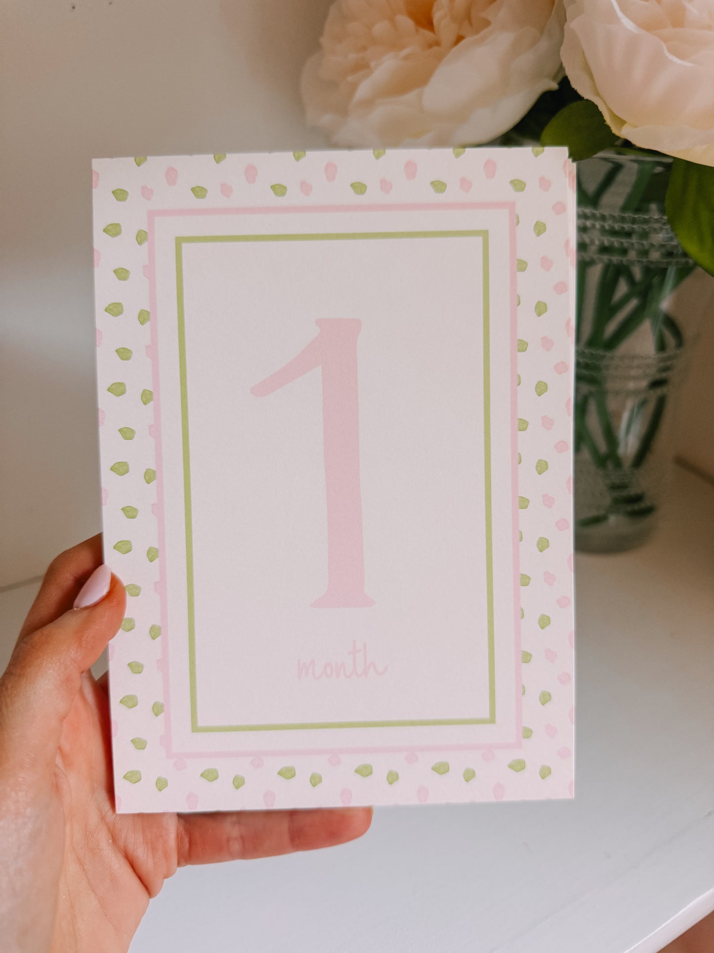 Baby Girl Pink Green Dot Watercolor Milestone Cards