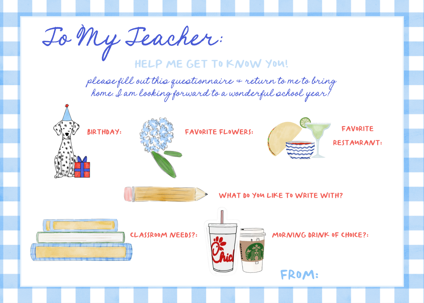 Back to School Teacher Fill in Cards set of 10 Blue