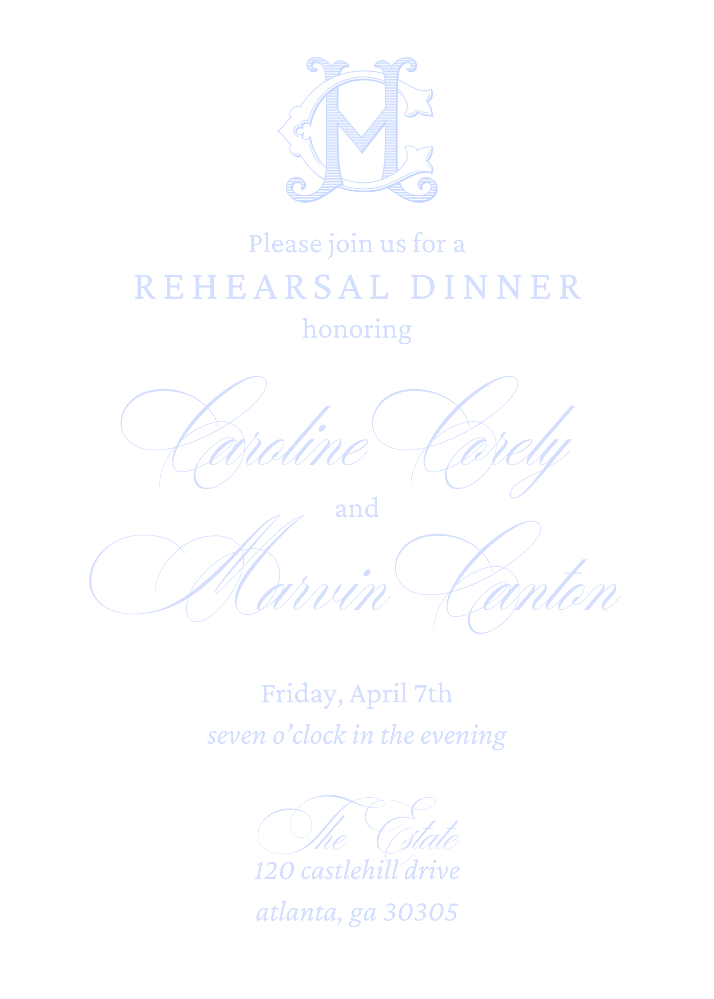 Elegant Blue Monogram Wedding, Rehearsal Invitation