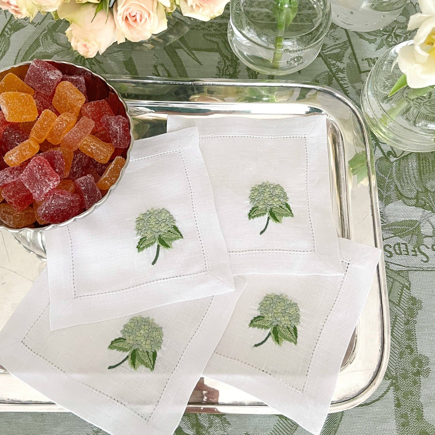 Hydrangea embroidered cocktail napkins