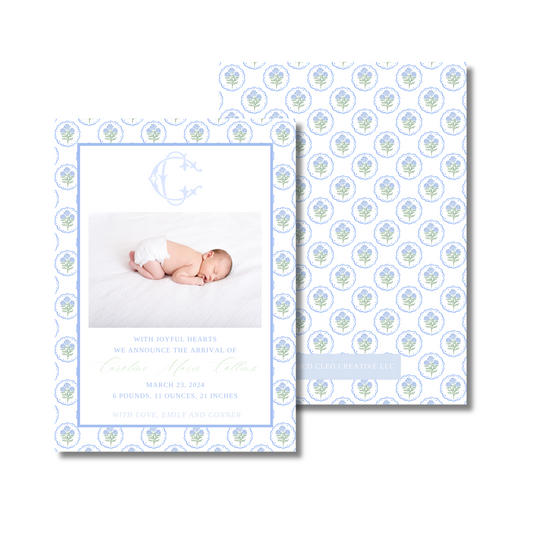 Blue & Green Block Print Grandmillenial Baby Announcement/Invitations/Grad Announcement