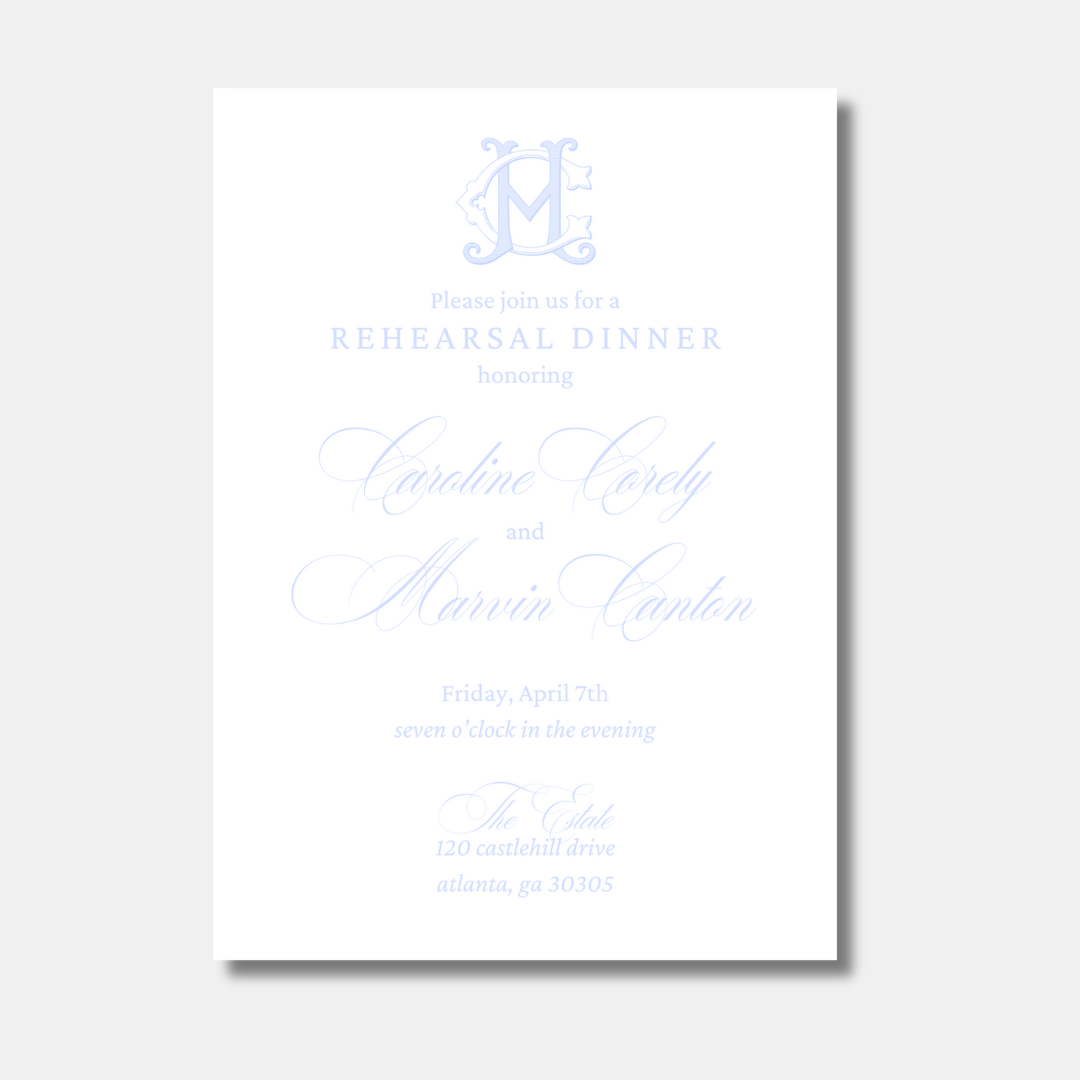 Elegant Blue Monogram Wedding, Rehearsal Invitation