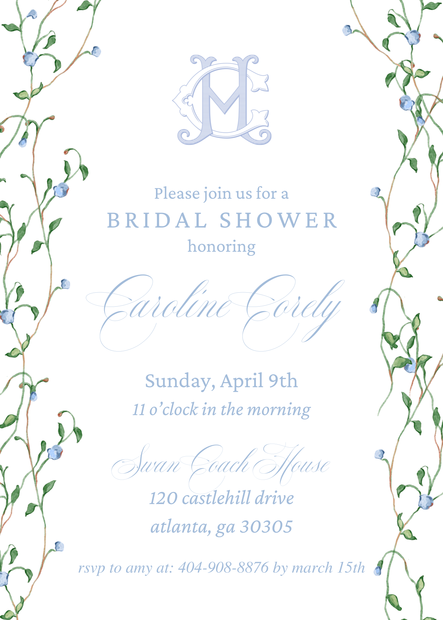 Floral Blue Monogram Bridal Shower, Wedding, Rehearsal Invitation