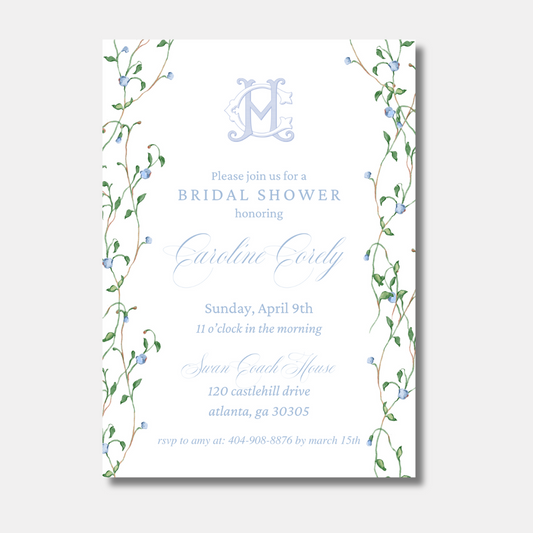 Floral Blue Monogram Bridal Shower, Wedding, Rehearsal Invitation