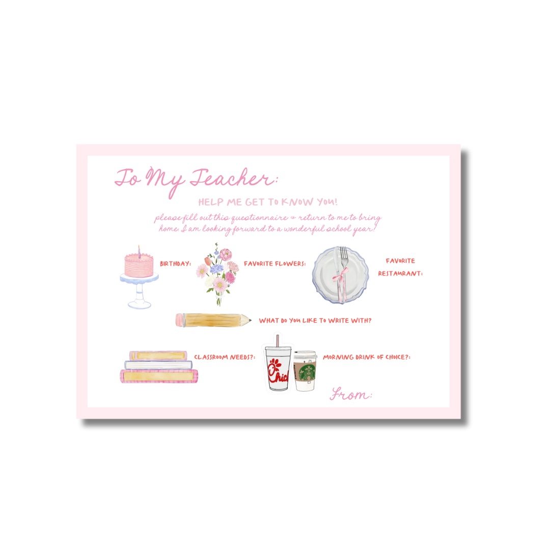 Back to School Teacher Fill in Cards set of 10