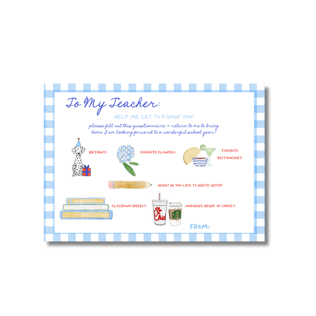 Back to School Teacher Fill in Cards set of 10 Blue