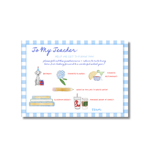 Back to School Teacher Fill in Cards set of 10 Blue